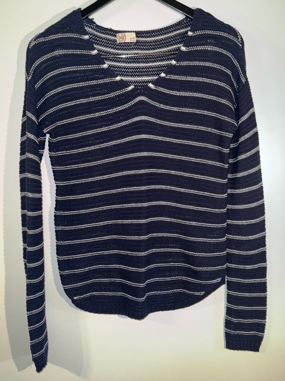 So Heritage Long Sleeve Sweater Blue/White Stripes V-Neck Pullover Size XS